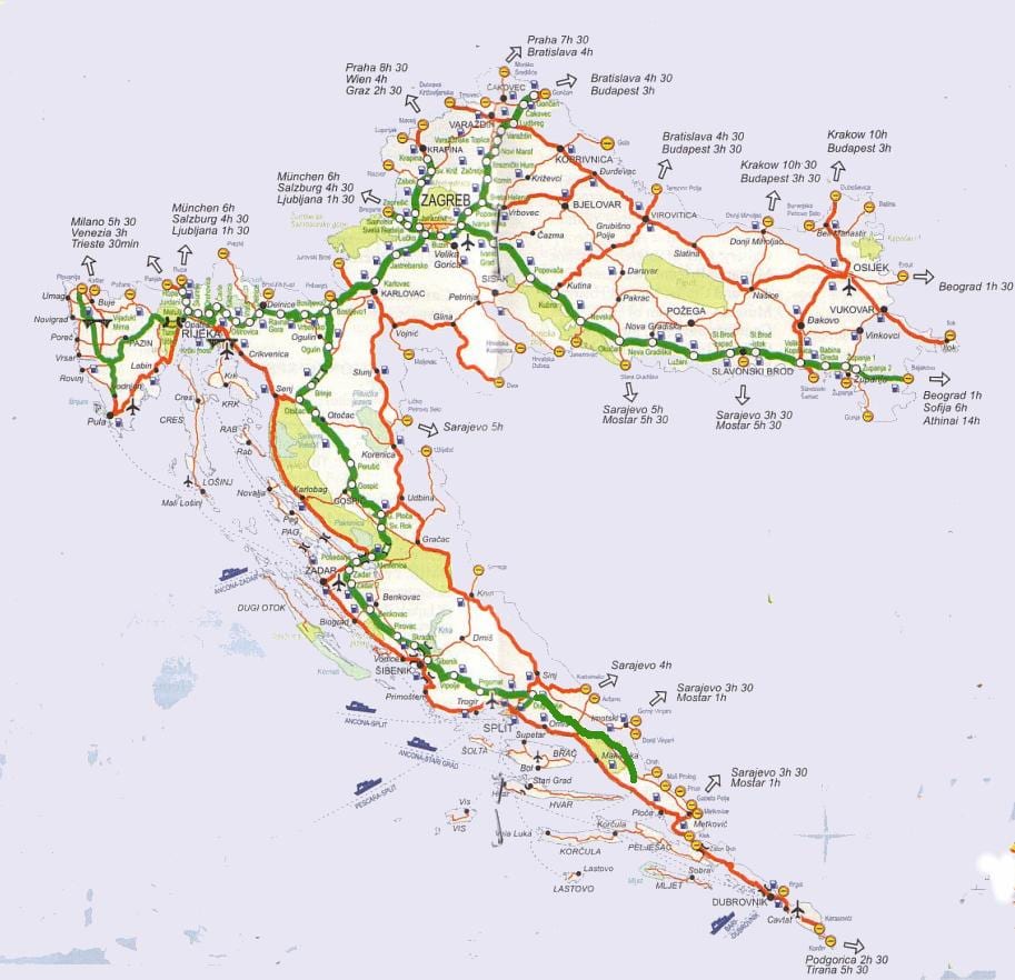 地图的克罗地亚公路旅行
