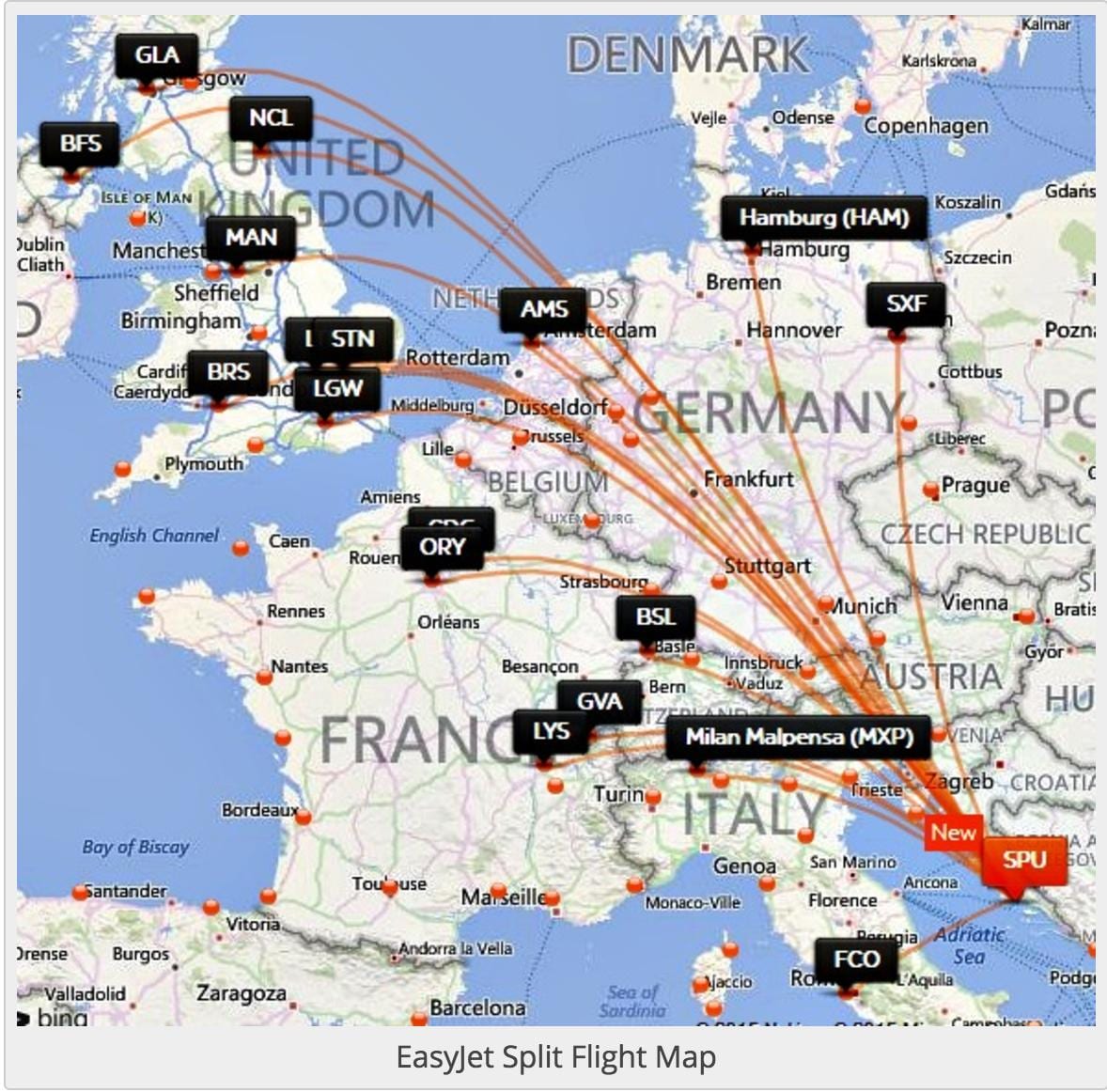 克罗地亚航空公司的目的地的地图